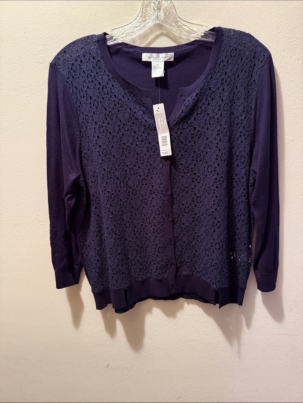 August Silk Navy Crochet Front Button Cardigan